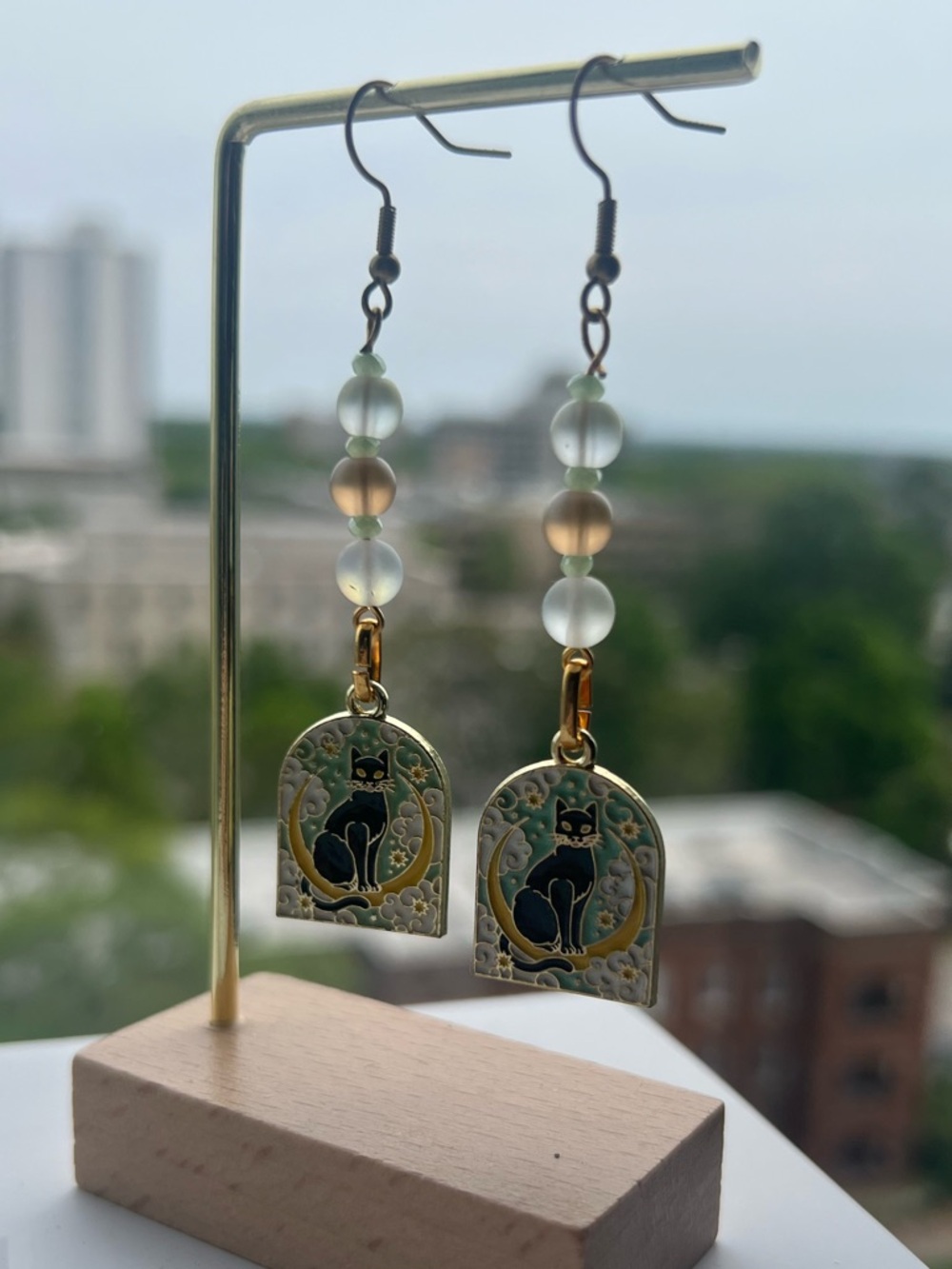 Handcrafted Green & Gold Cat Cameo Dangle Earrings